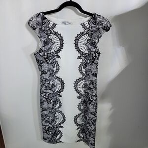 Maggy London Womens Black and White Sleeveless Lined Knit Sheath Dress, Size 8